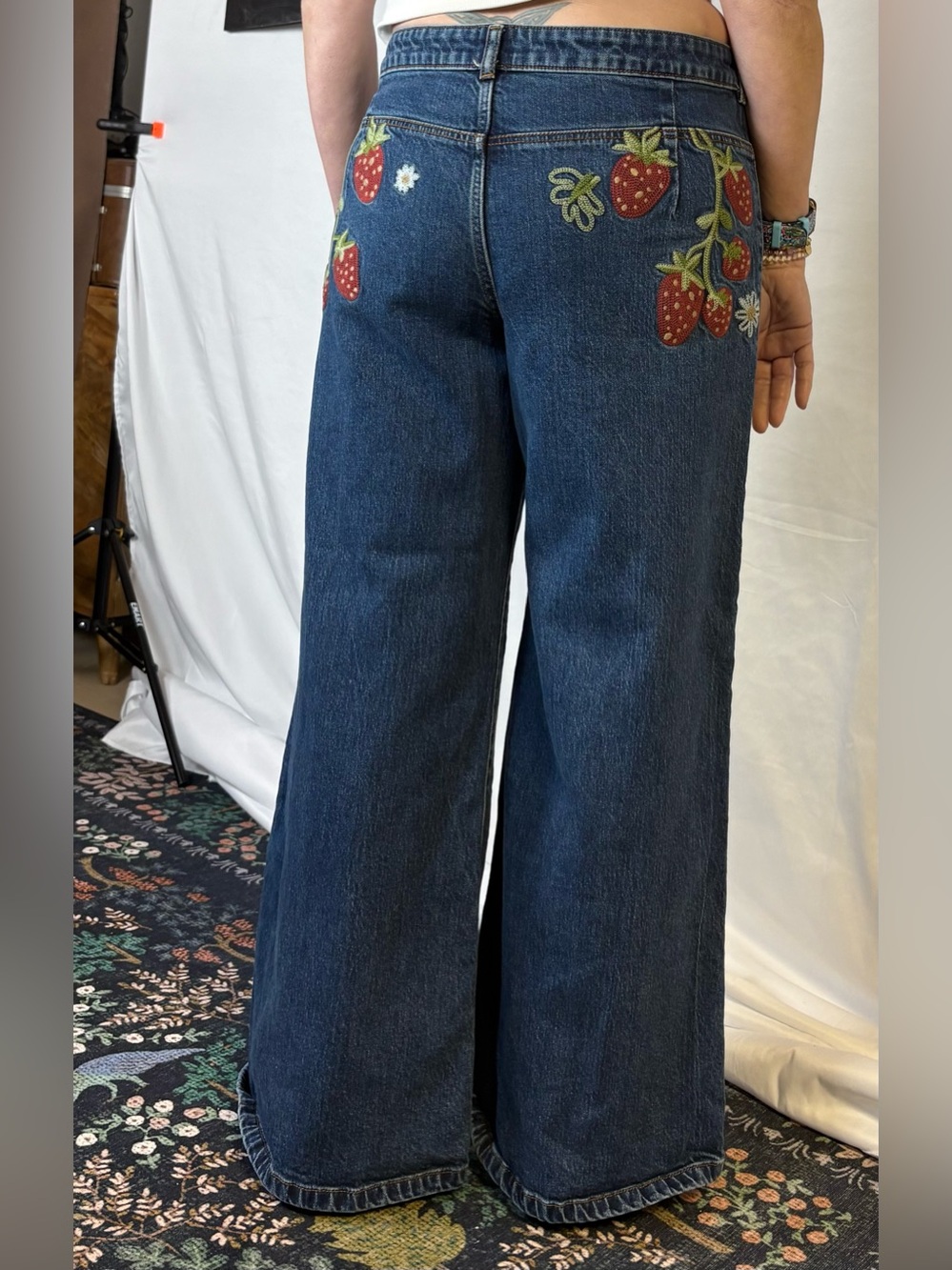 Maeve Dark Blue Wide-Leg Jeans with Strawberry Embroidery